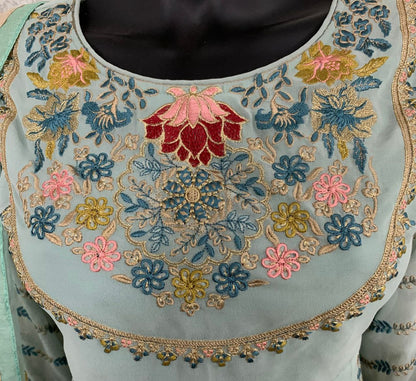 Sea Blue Faux Georgette Stitched Top With Stitched Faux Georgette Bottom and Net Dupatta Full Sleeve Embroidered A-line Top