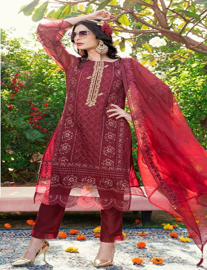 Women's Organza Semi Stitched Top With Unstitched Santoon Bottom and Organza Dupatta Embroidered Straight Top Dress Material