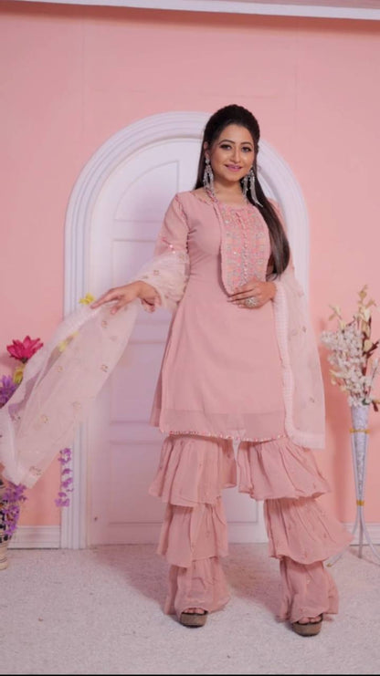 Women's Peach Faux Georgette Stitched Top with Bottom and Dupatta Full Sleeve Embroidered Straight Kurta