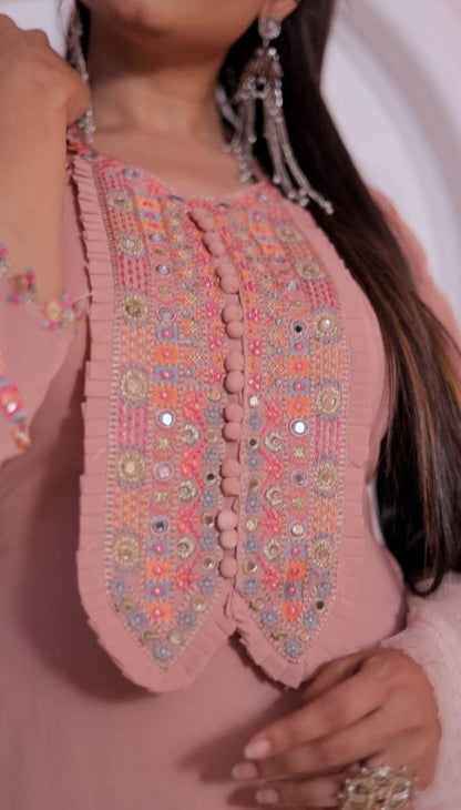 Women's Peach Faux Georgette Stitched Top with Bottom and Dupatta Full Sleeve Embroidered Straight Kurta