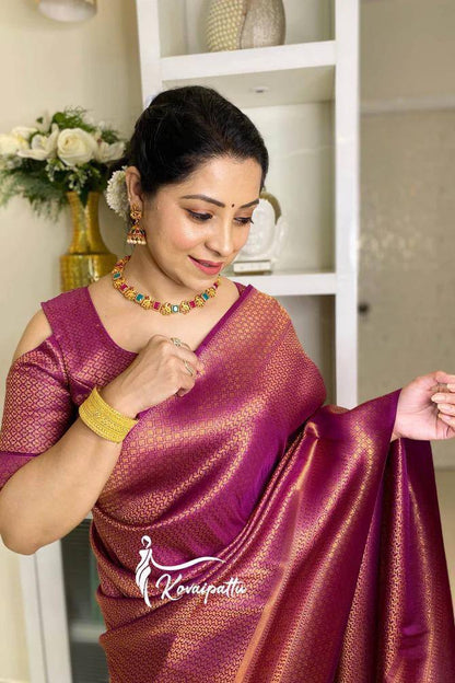 Golden Wine Soft Lichi Silk Saree, Beautiful Jacquard Rich Pallu Saree