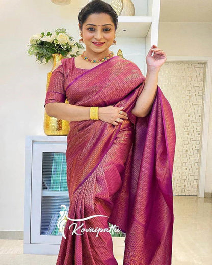 Golden Wine Soft Lichi Silk Saree, Beautiful Jacquard Rich Pallu Saree
