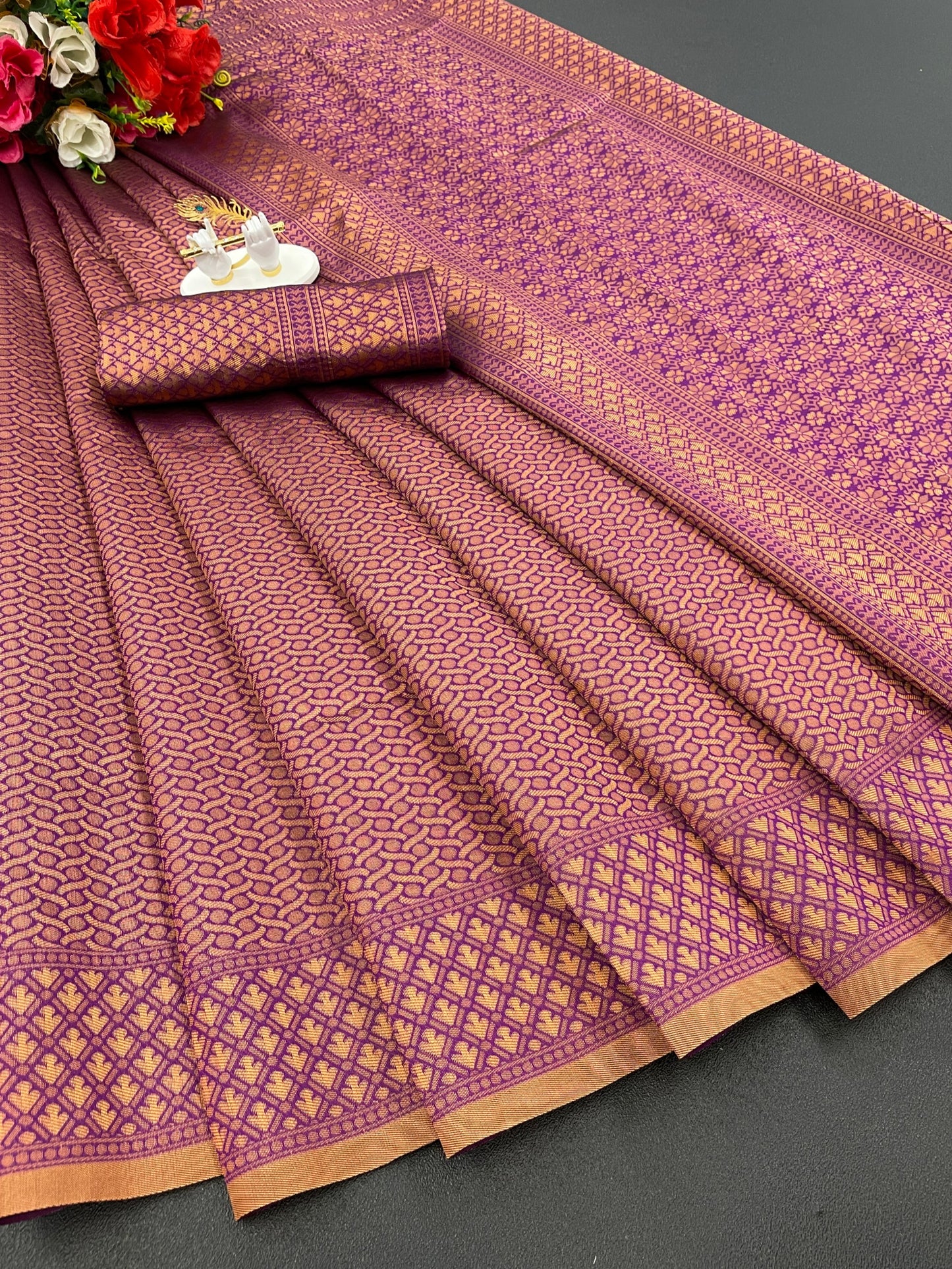 Golden Wine Soft Lichi Silk Saree, Beautiful Jacquard Rich Pallu Saree