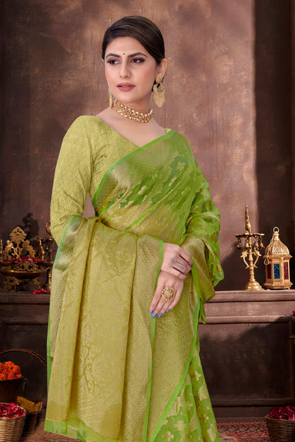 Beautiful Weaving work  Pure Soft Oranza Silk Saree With Real Zari Broket Blouse Piece