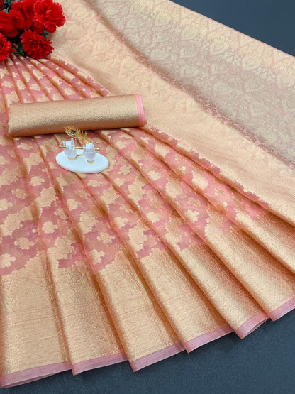 Beautiful Weaving work  Pure Soft Oranza Silk Saree With Real Zari Broket Blouse Piece