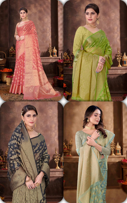 Beautiful Weaving work  Pure Soft Oranza Silk Saree With Real Zari Broket Blouse Piece