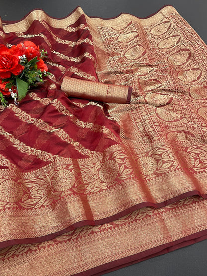 Beautiful Weaving work  Pure Soft Oranza Silk Saree With Real Zari Broket Blouse Piece