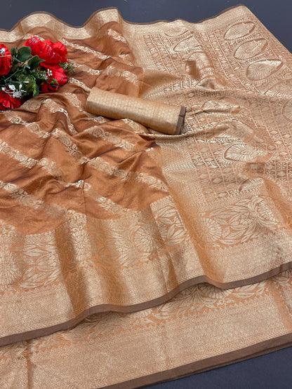 Beautiful Weaving work  Pure Soft Oranza Silk Saree With Real Zari Broket Blouse Piece