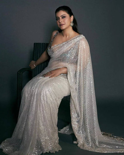 White Saree New Indian Designer Wedding Georgette Party Wear Sari Bollywood