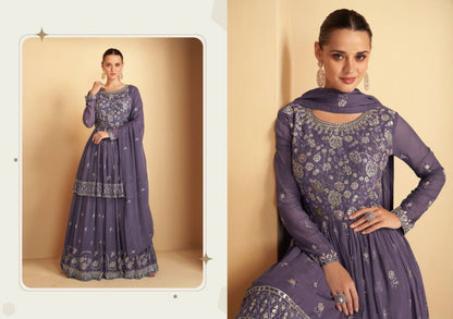 lavender Indian/Pakistani Plazzo Style Faux Georgette Material Embroidery Worked Salwar Kameez for Women