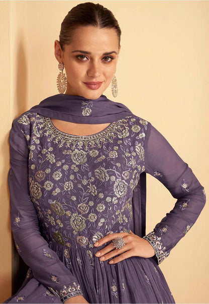 lavender Indian/Pakistani Plazzo Style Faux Georgette Material Embroidery Worked Salwar Kameez for Women