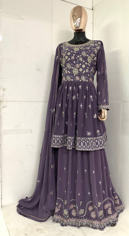 lavender Indian/Pakistani Plazzo Style Faux Georgette Material Embroidery Worked Salwar Kameez for Women