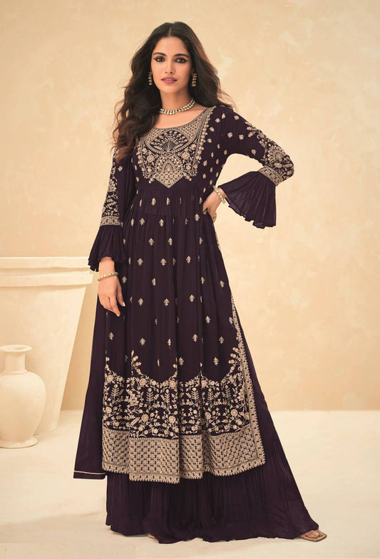 Purple Anarkali Net Salwar Suit Gown for women readymade embroidered gown Frock Style Palazzo Suit semi-stitched Palazzo Suit for women