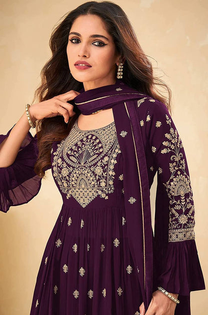 Purple Anarkali Net Salwar Suit Gown for women readymade embroidered gown Frock Style Palazzo Suit semi-stitched Palazzo Suit for women