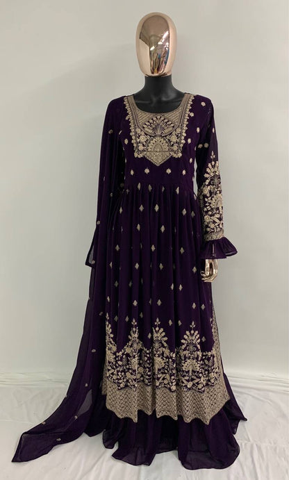 Purple Anarkali Net Salwar Suit Gown for women readymade embroidered gown Frock Style Palazzo Suit semi-stitched Palazzo Suit for women