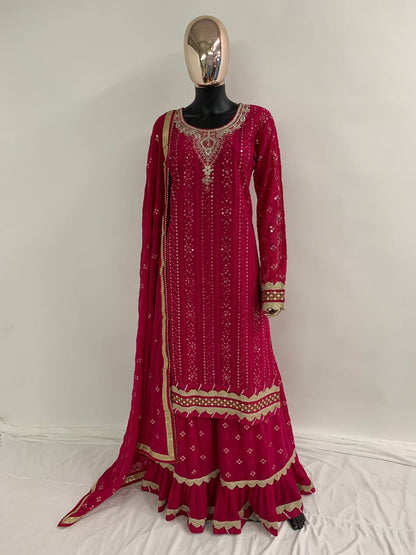 Red Women's Faux Georgette Stitched Top with Bottom and Dupatta Full Sleeve Embroidered Straight Kurta