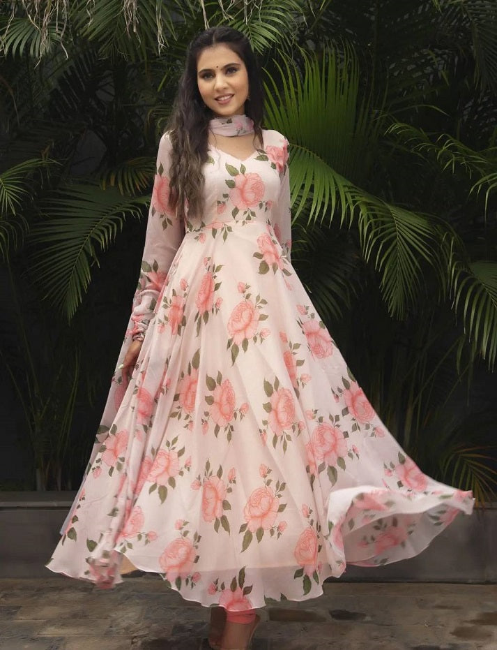 Pretty Cream Color Pure Soft Faux Georgette Floral Print Anarkali Gown Pent With Dupatta