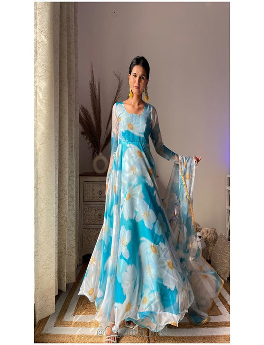 Aqua Blue Women's Digital Floral Printed Ethnic Wear Pure Organza Anarkali Set