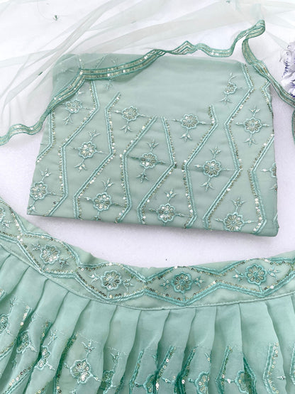 Designer Pista Color Georgette Wedding Wear Embroidery Sequence Work Lehenga Choli With Dupatta