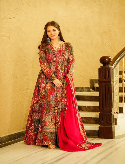 Beautiful Red Colour Heavy Maslin Cotton Digital Print With Gota Patti Lase Work Gown With Dupatta