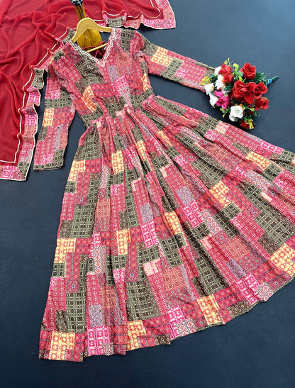 Beautiful Red Colour Heavy Maslin Cotton Digital Print With Gota Patti Lase Work Gown With Dupatta