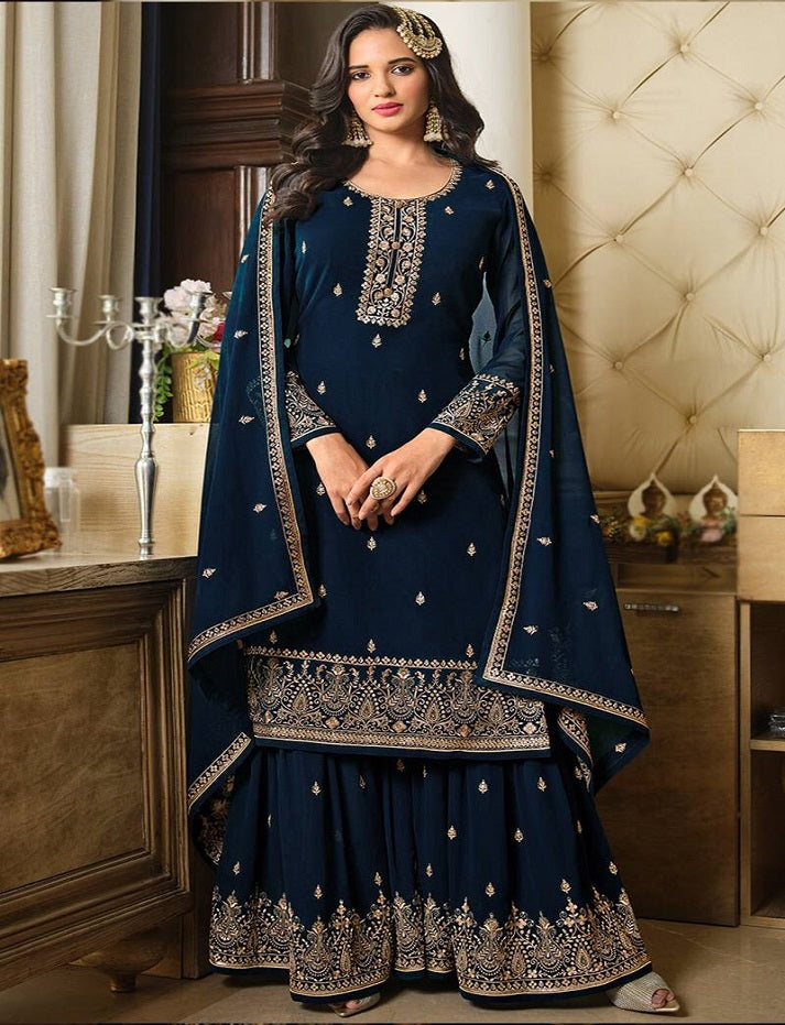 Blue Faux Georgette Stitched Top Bottom and Dupatta Long Sleeve Embroidered A-line Kurti