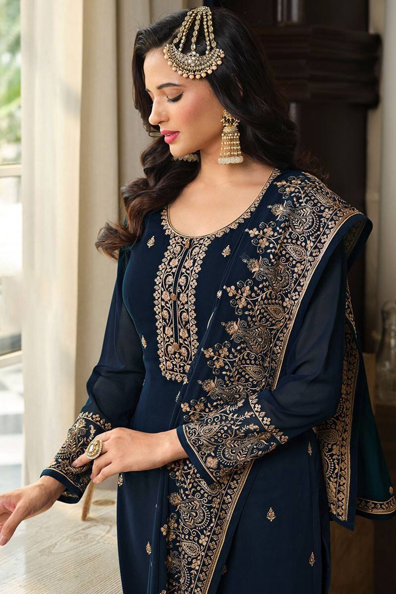 Blue Faux Georgette Stitched Top Bottom and Dupatta Long Sleeve Embroidered A-line Kurti