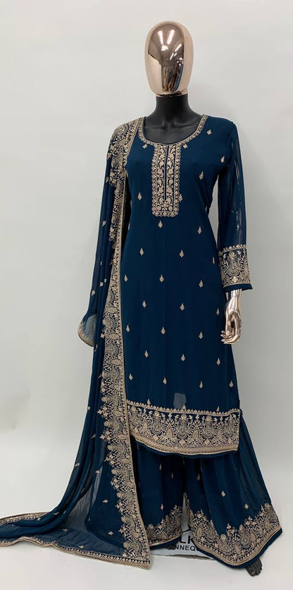 Blue Faux Georgette Stitched Top Bottom and Dupatta Long Sleeve Embroidered A-line Kurti