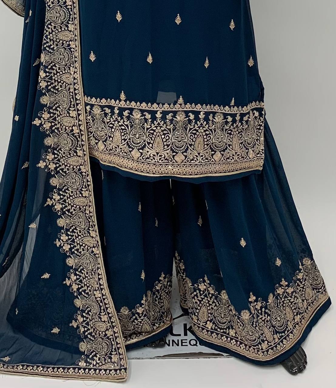 Blue Faux Georgette Stitched Top Bottom and Dupatta Long Sleeve Embroidered A-line Kurti