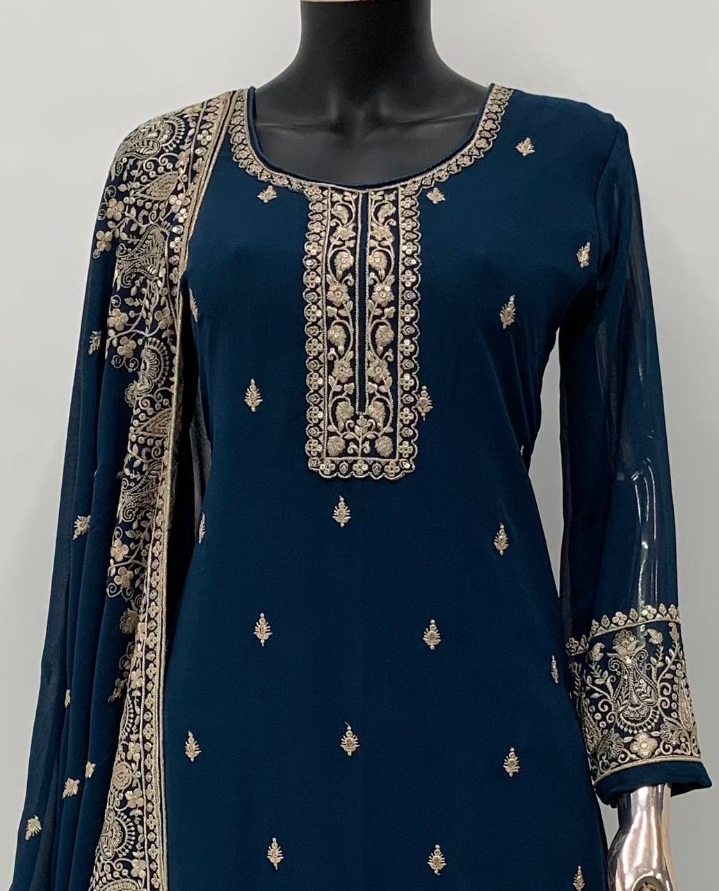 Blue Faux Georgette Stitched Top Bottom and Dupatta Long Sleeve Embroidered A-line Kurti