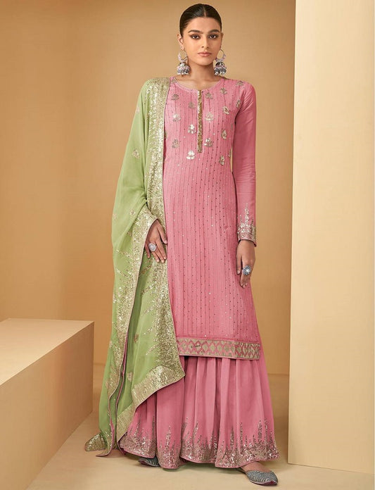 Peach Color Soft Georgette Sharara Suit Set with Green Contrast Dupatta