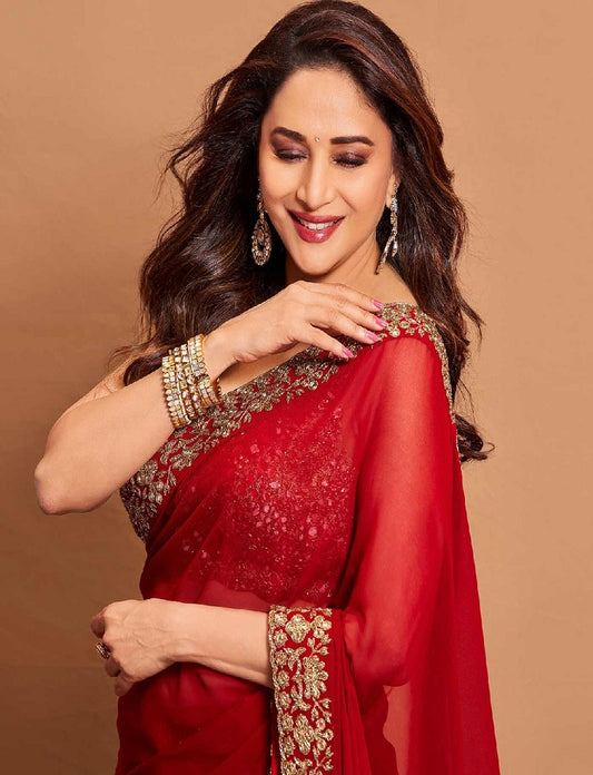 Madhuri Dixit Red Color Soft georgette Gold thread Zari and sequence work Wedding Party Wear Saree