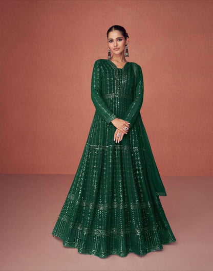 Red & Green  Women's Faux Georgette Stitched Top with Bottom and Dupatta Embroidered Flared Gown