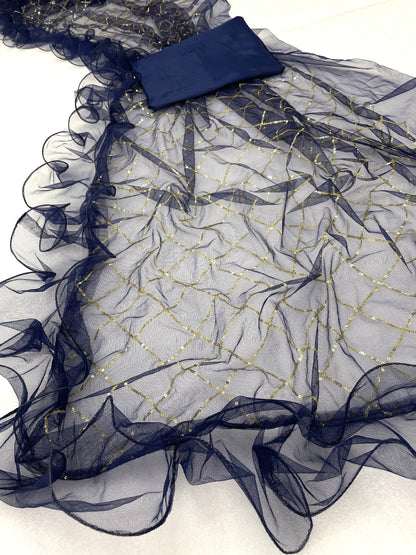 BLUE COLOR NET FABRIC SEQUENCE WORK RUFFLE DESIGN SARI WITH UNSTITCH BENGLORI SILK BLOUSE