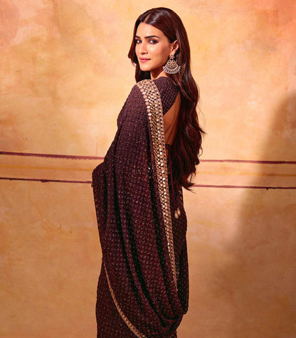 Women's And Girls Heavy Georgette Wine Colours Saree With Sequins Multi And Cotton Thread Embroidery Work Wedding Wear Saree