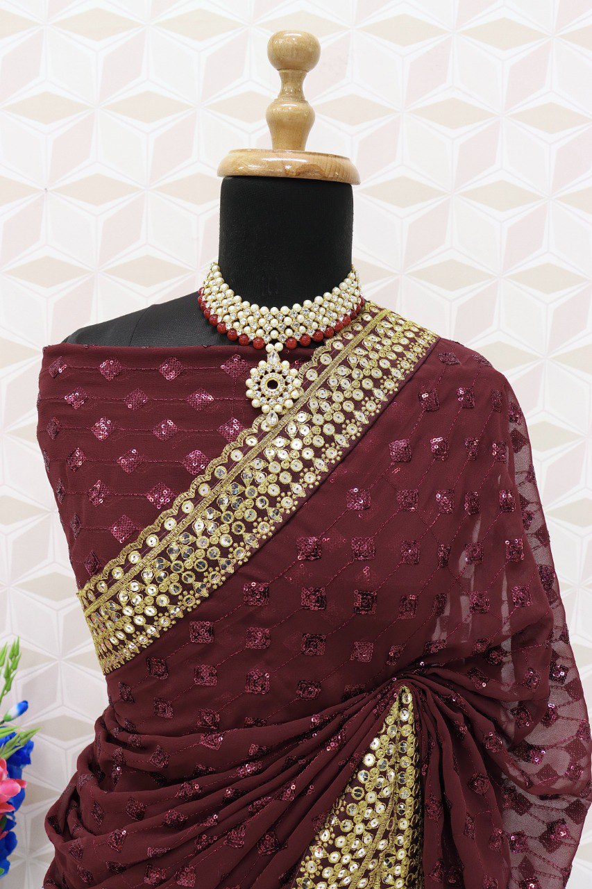 Women's And Girls Heavy Georgette Wine Colours Saree With Sequins Multi And Cotton Thread Embroidery Work Wedding Wear Saree