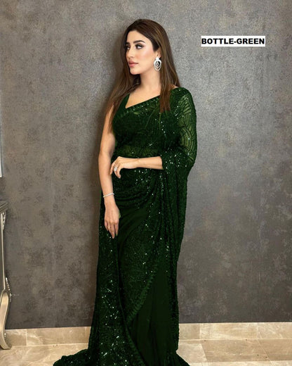 Georgette made Saree with Heavy Sequence Embroidery Work, Partywear Saree, Pre-stitched Saree Bollywood Style Ready to Wear Saree