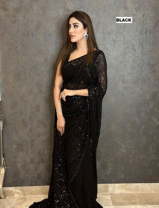 Georgette made Saree with Heavy Sequence Embroidery Work, Partywear Saree, Pre-stitched Saree Bollywood Style Ready to Wear Saree