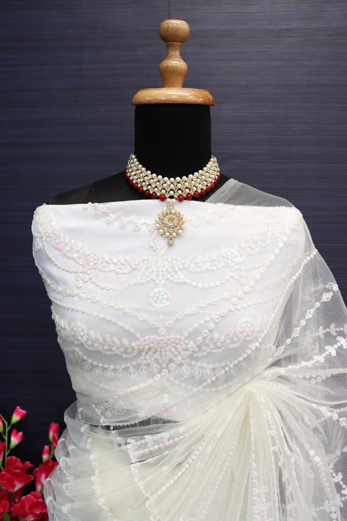 PRESENTING WHITE MONO NET DESIGNER SAREE WITH FANCY THREAD WORK AND SEQUENCE WORK BLOUSE PIECE