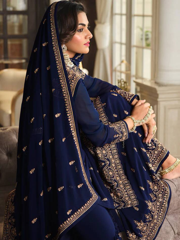 Party Wear Designer Shalwar Kameez Palazzo Suits Heavy Embroidery Worked Pakistani Indian Wedding Wear Beautiful Salwar Kameez Dupatta Dresses