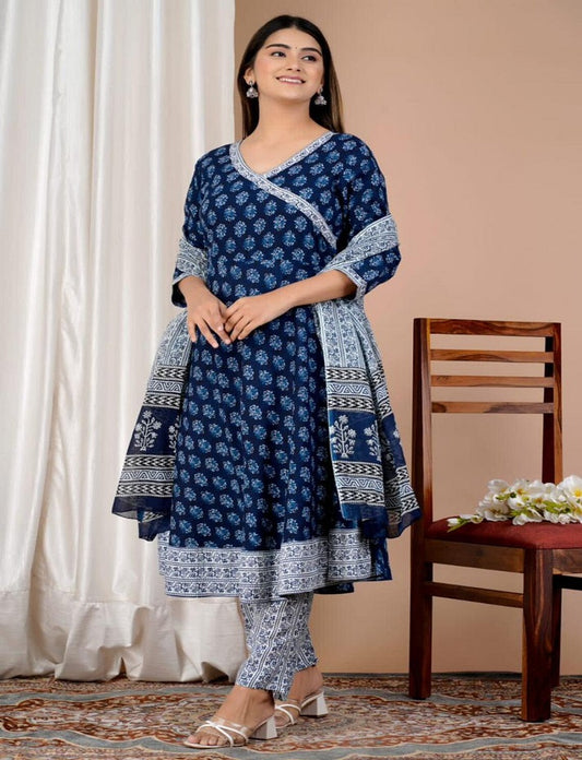Beautiful Royal Blue Colour Reyon Cotton Digital Print Anarkali Gown,Trouser Pant with Dupatta
