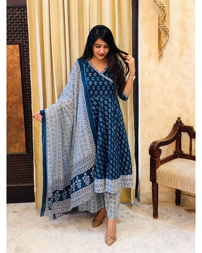 Beautiful Royal Blue Colour Reyon Cotton Digital Print Anarkali Gown,Trouser Pant with Dupatta