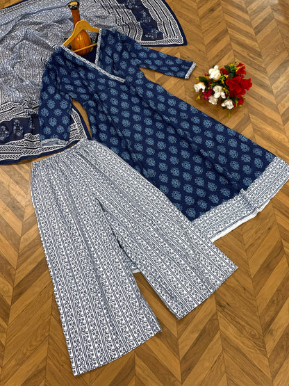 Beautiful Royal Blue Colour Reyon Cotton Digital Print Anarkali Gown,Trouser Pant with Dupatta