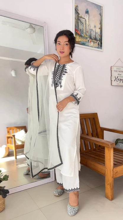 White  Stylish Rayon Cotton Kurta Set with Fancy Thread Work Fully Stitched and Ready to Wear Perfect for Any Occasion