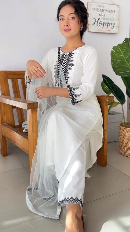 White  Stylish Rayon Cotton Kurta Set with Fancy Thread Work Fully Stitched and Ready to Wear Perfect for Any Occasion