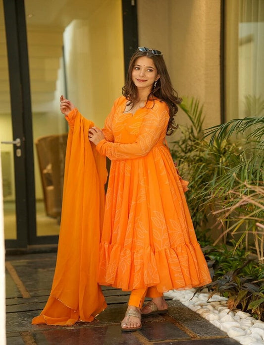 Marigold Orange Full Flare Maxi Dress Georgette Gown with Dupatta Ethnic Dress for Women