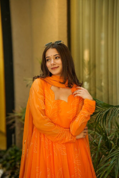 Marigold Orange Full Flare Maxi Dress Georgette Gown with Dupatta Ethnic Dress for Women
