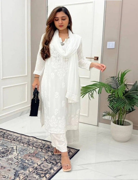 White Women Maslin top with cotton thread embroidered work stitched Kurta with Palazzo & Dupatta Set