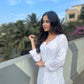 White Women Maslin top with cotton thread embroidered work stitched Kurta with Palazzo & Dupatta Set