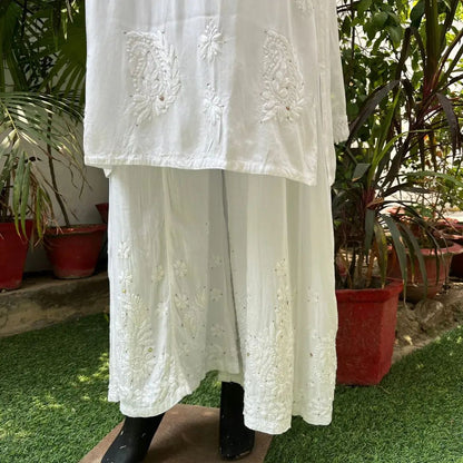 White Women Maslin top with cotton thread embroidered work stitched Kurta with Palazzo & Dupatta Set